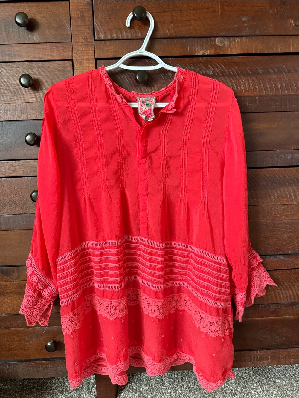Johnny Was Red Lace-Trim Tunic Top
